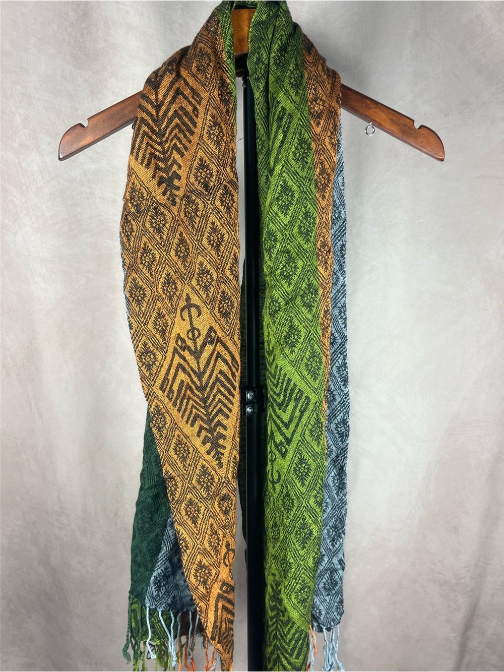 Multicolor Geometric Woven Fringe Scarf Green Orange Gray Boho